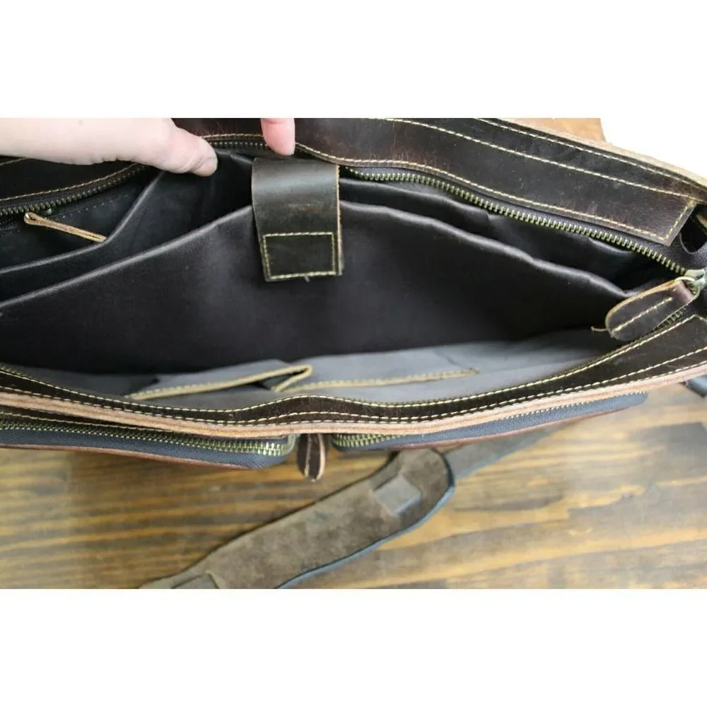 NATURAL WAX BROWN HEAVY GENUINE LEATHER BUSINESS SHOULDER BAG ATTACHE BRIEFCASE - Picture 11 of 11